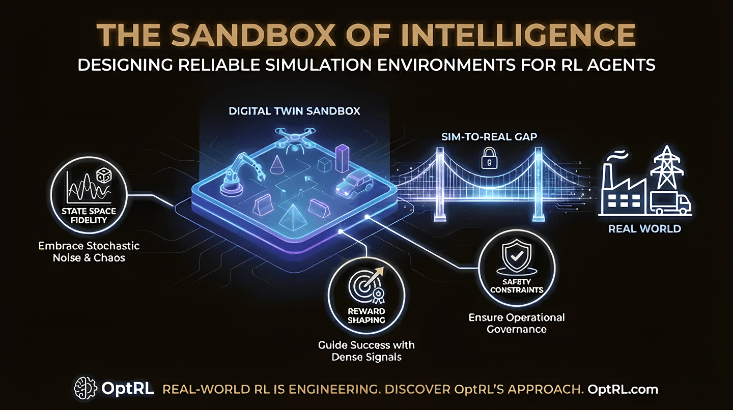 Simulation Environment Design for Enterprise Reinforcement Learning Systems Reinforcement learning simulation environment used to train and validate enterprise decision systems before production deployment